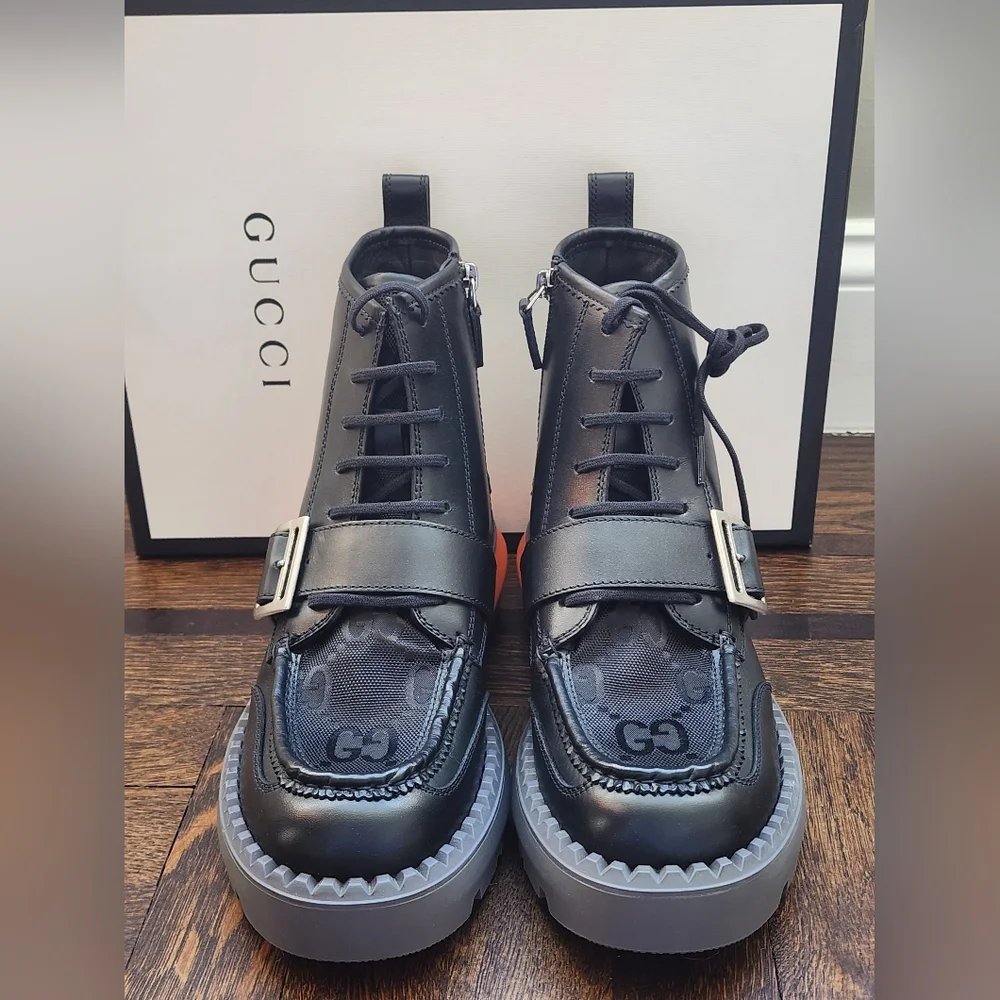 $1600 Brand New Gucci Sierra Calf Men's Boots Nylon GG Sz G 7 US 7.5